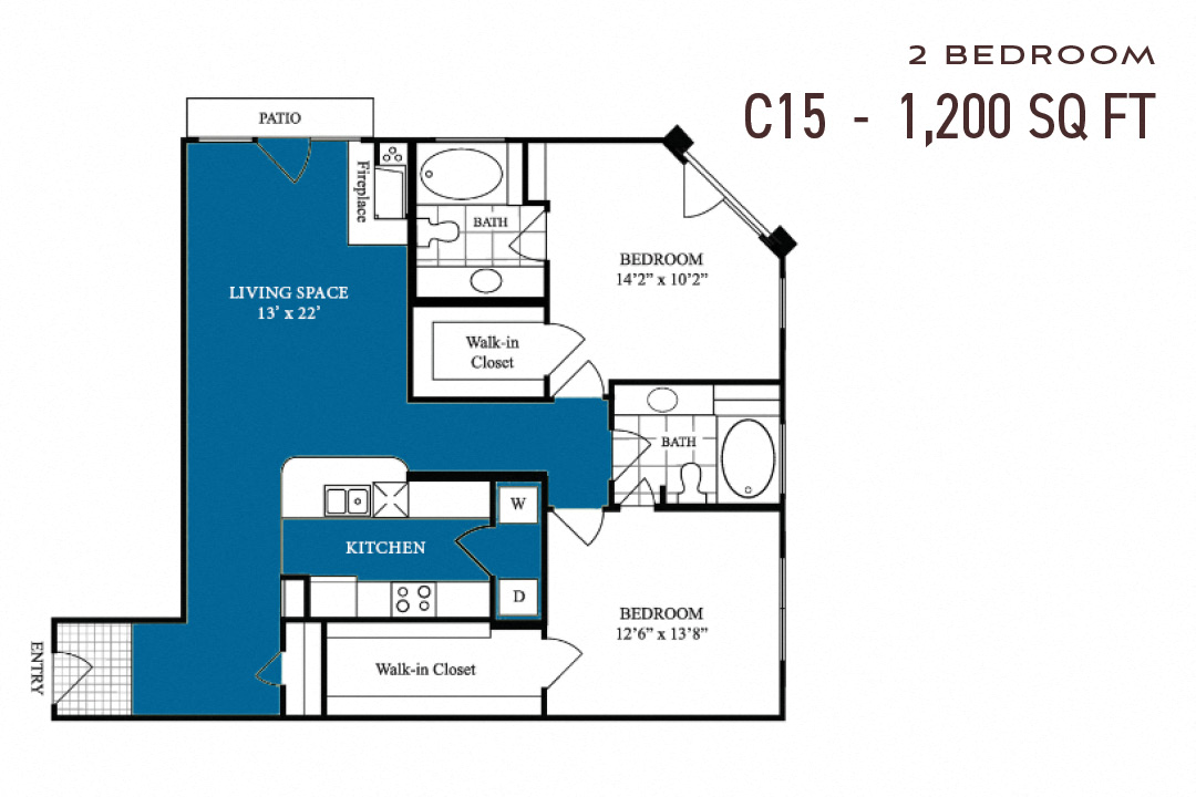 Floor plan for 2 beds, 2 baths, 1200 sqft